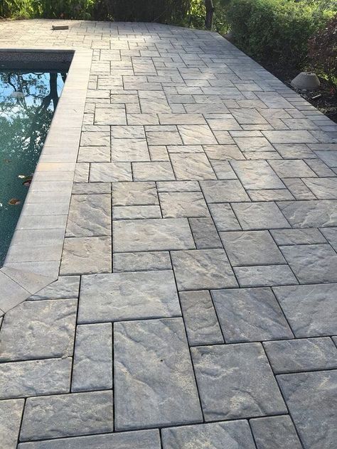 Sidewalk Around The House, Techno Block Pavers, Large Patio Pavers Design, Paver Porch Ideas, Paver Designs Patterns Backyard, Landscape Pavers Ideas, Paver Sidewalk Ideas, Paver Backyard Ideas, Interlock Patio Backyard