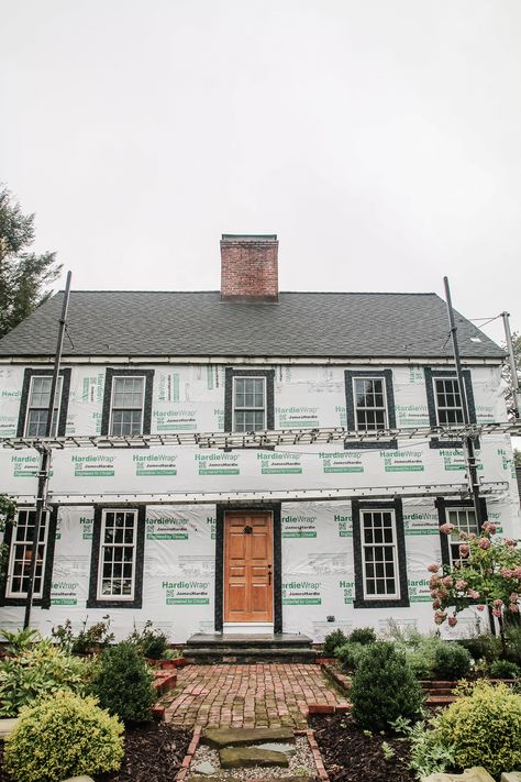 Colonial House Exterior With Garage, Colonial To Farmhouse Exterior, Adding Porch To Colonial House, Colonial Home Exterior Remodel, Colonial House Makeover, Gray Colonial House Exterior, Black Colonial House Exterior, Colonial Remodel Exterior, Garrison Colonial Exterior Makeover