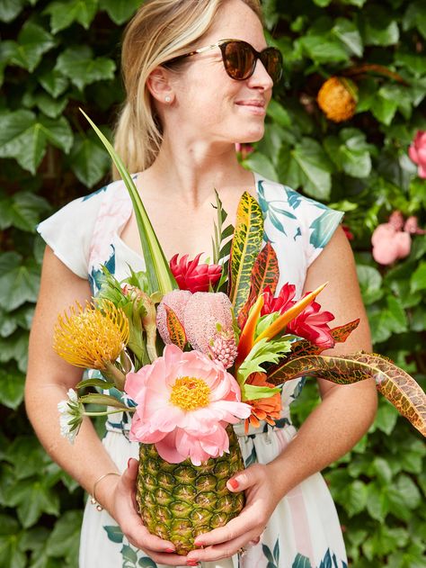 80th Birthday Luau, Pineapple Flower Centerpiece, Backyard Luau Party Decorations, Tropical Luau Party, Chic Tiki Party, Classy Tropical Theme Party, Upscale Luau Party Ideas, Luau Flower Centerpieces, Tiki Engagement Party