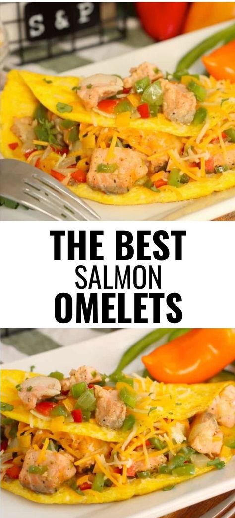 Collage of plate with salmon omelet at top and bottom. Salmon Breakfast Recipes, Salmon Chunks, Salmon Omelette, Salmon Breakfast, Can Salmon, Salmon And Shrimp, Breakfast Recipes Sweet, Healthy Salmon, Colby Jack