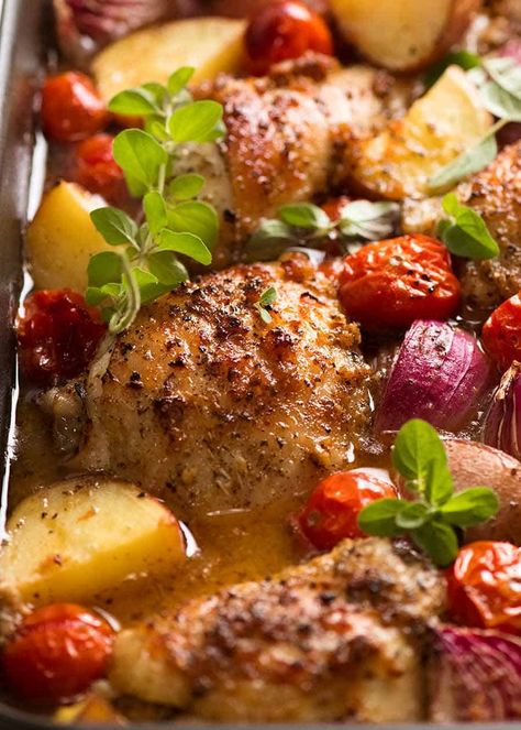 Mediterranean Baked Chicken Dinner | RecipeTin Eats Mediterranean Diet Hamburger Recipe, Minimal Dinner Ideas, Casserole With Fresh Tomatoes, Recipe Tin Eats Chicken, Mediterranean Diet Recipes Dinners Chicken, Elegant Dinner Ideas, Meditterean Chicken Recipes, Oven Baked Chicken And Potatoes, Baked Chicken With Tomatoes