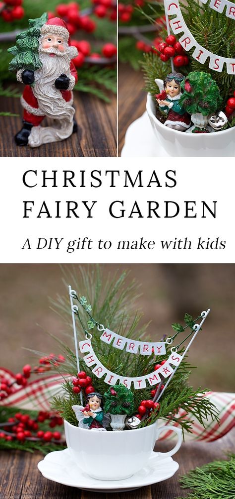 Garden Ideas Homemade, Winter Fairy Garden, Fun Homemade Gifts, Christmas Fairy Garden, Diy Christmas Gifts For Kids, Christmas Garden Decorations, Teacup Gardens, Teacup Crafts, Christmas Plants