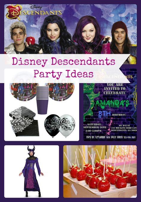 Disney Descendants Birthday Party Ideas and Supplies | Lots of Ideas and inspiration for decorations, invitations, cake, favors, games, food and more- Birthday Buzzin Descendants Birthday Party Ideas, Descendants Birthday Party, Descendants Party Ideas Birthdays, Disney Descendants Party, Villains Party, Descendants Party, Food Games, Bday Party Theme, 9th Birthday Parties