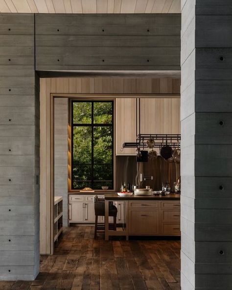 Scott Mitchell Studio on Instagram: "White oak ceilings, monolithic concrete, light, space and raw materiality. 📷: @trevormein #architecture #monoliths #concrete #light #space #materials #whiteoak #wood #kitchen #scottmitchellhouses" Scott Mitchell, Malibu Mansion, House Frame, Walled Courtyard, French Oak Flooring, Distant Mountains, Concrete Light, Utah Home, Long Hallway