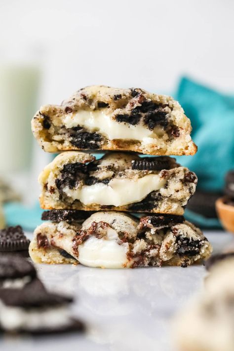 Oreo Cheesecake Filled Cookies, White Chocolate Reeses Cheesecake Cookie, Cookies And Cream Cheesecake Cookies, White Chocolate Reese Cheesecake Cookies, Cheesecake Oreo Cookies, Cheesecake Filling For Cookies, Oreo Cheesecake Cookies Recipe, White Chocolate Reese’s Cheesecake Cookies, Oreo Cookies And Cream Cookies