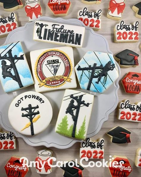 Lineman Theme Party, Lineman Birthday Party, Lineman Party Ideas, Lineman Cookies Decorated, Lineman Graduation Party, Lineman Party Decorations, Lineman Cookies, Lineman Cake, Lineman Party