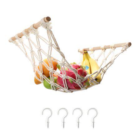 [Healthy and Environmentally Friendly Materials] - Seguan Fruit Hammock is hand-woven from pure cotton material. Both ends are made of natural wood. A great choice for eco-friendly decorations [Size Details] - Maximum size of Fruit Hammock: 20'' L x 12'' W, please measure the space where you need to install it before placing an order, the space required for actual installation is less than this size. [Easy Installation] - 4 screw hooks are included in the package, which can be firmly fixed on an Hanging Fruit Hammock, How To Store Bananas, Banana Storage, Fruit Hammock, Hanging Fruit Basket, Basket For Kitchen, Produce Storage, Hanging Fruit Baskets, Kitchen Hooks