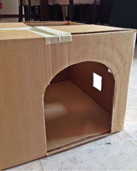 Kittens House Ideas, Cardboard Box Cat House Diy Ideas, Cardboard Cat House Diy Easy, Cardboard Box Cat House Diy, Cat Cardboard Box Ideas, Cardboard Cat House Diy, Cardboard Dog House, Cat House Diy Cardboard, Cat Den