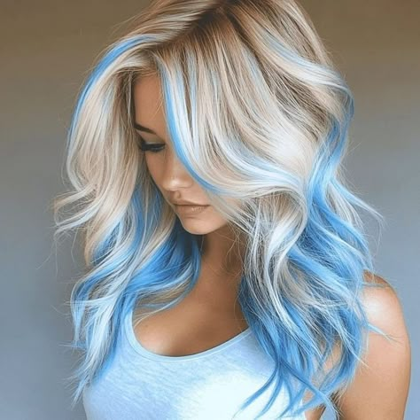 Hairstyles Color Blonde, Blue Hair For Blondes, Blue Tips On Blonde Hair, Colorful Hair Ideas For Blondes, Blonde Coloured Hair, Blonde Pastel Hair, Blond And Colored Hair, Pretty Hair Color Ideas For Blondes, Blue In Blonde Hair