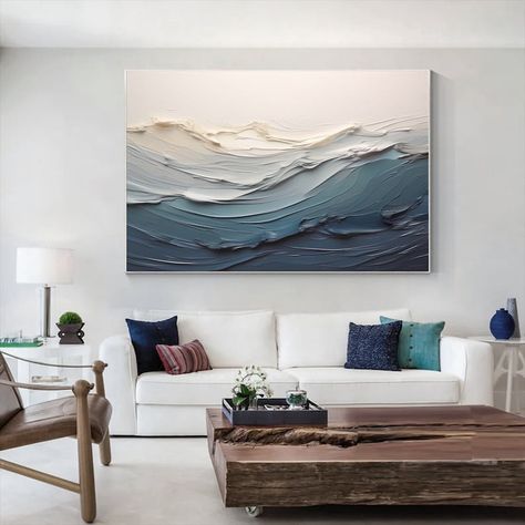 Artwork For Home Living Room, Coastal Living Room Art, Canvas On Wall Ideas, Canvas Wall Art Ideas, Wave Oil Painting, Wall Art Idea, Abstract Minimalist Painting, Artwork Living Room, Home Backyard