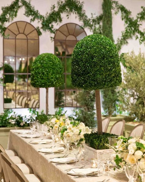 This Romantic Italian Wedding Features a Historic Venue—and One Amazing View | Martha Stewart Weddings - Topiaries and cypress trees helped transport guests to an Italian atmosphere during dinner. Centerpieces For Weddings, Topiary Centerpieces, Tall Glass Vases, Fall Wedding Color Palette, Tall Wedding Centerpieces, Flowers And Greenery, Reception Tables, Wedding Floral Centerpieces, Tall Centerpieces