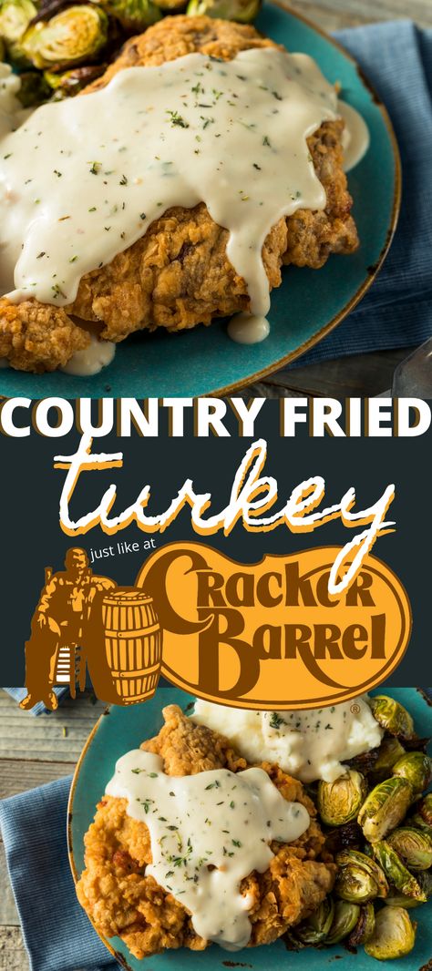 Country Fried Turkey Like Cracker Barrel - Making Frugal FUN Cracker Barrel Thanksgiving Dinner, Country Fried Turkey, Chicken Fried Turkey, Fried Turkey Cutlets Recipe, Cracker Barrel Chicken Fried Steak, Cracker Barrel Gravy Recipe, Cracker Barrel Recipes Copycat, Fried Turkey Recipes Thanksgiving, Turkey Tenders Recipes