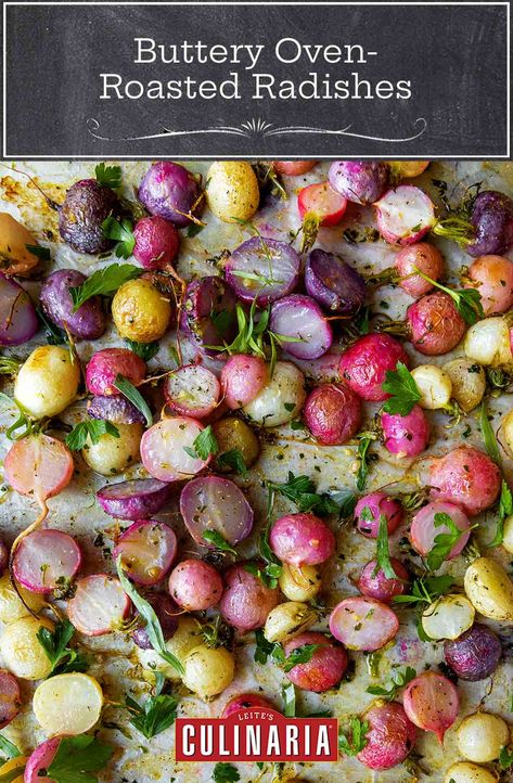 These oven roasted radishes with herb butter showcase crunchy, peppery spring radishes in the best possible way. They're roasted in the oven to mellow their bite, then smothered in herb compound butter for an easy, outstanding side dish. Best Vegetable Recipes, Roasted Radishes, Radish Recipes, Roasted Vegetable Recipes, Roasted Root Vegetables, Compound Butter, Herb Butter, Roasted Butternut Squash, Roasted Butternut