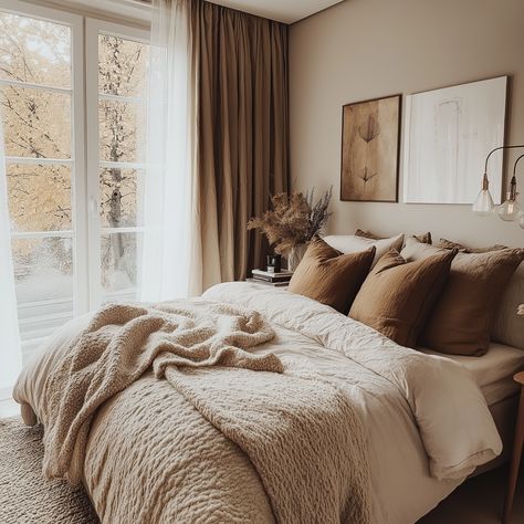 beige bedroom Bedroom Ideas Tan Bedding, Carmel Bedroom Decor, Natural Tan Bedroom, Bedroom Tan Bedding, Beige Bedspread Ideas, Beige And Brown Bedding, Tan Sheets Bedding, Cozy Bedroom With Color, Earth Toned Bedding