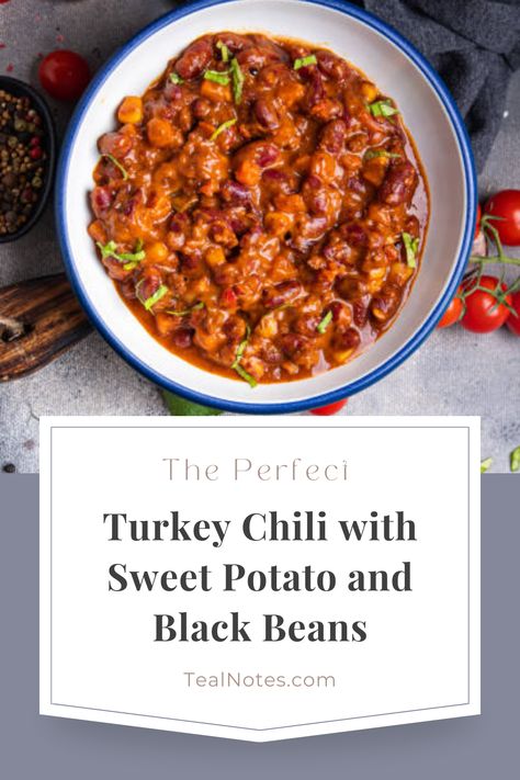 Craving the perfect hearty dinner? Teal Notes presents an award-winning Turkey Chili with Sweet Potato and Black Beans recipe that's both healthy and irresistibly delicious! Energize your evenings with a sensational blend of tender turkey, sweet potatoes, and wholesome black beans. Discover the best turkey chili experience that warms your soul and fuels your body. Ready to indulge? Download our free printable meal planner now and savor the goodness tonight! #TurkeyChili #DinnerDelights Sweet Potato Black Bean Turkey Chili, Sweet Potato Black Bean Chili Instapot, Chilli With Sweet Potato, Sweet Potato Black Bean Chili Crockpot, Chili With Sweet Potato, Sweet Potato And Black Beans, Turkey And Sweet Potato Chili, Black Bean Sweet Potato Chili, Elk Chili