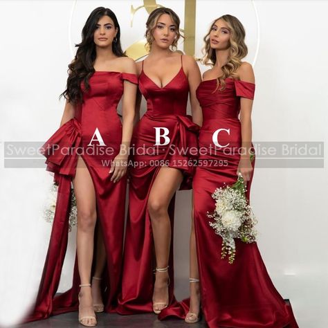 Fusia Bridesmaids Dresses, Dark Red Satin Bridesmaid Dresses, Satin Red Bridesmaid Dress, Red And White Bridesmaid Dresses, Red Bridesmaid Dresses Black Women, Blood Red Bridesmaid Dresses, Red Bridesmaid Dresses Winter, Red Maid Of Honor Dress, Red Satin Bridesmaid Dresses