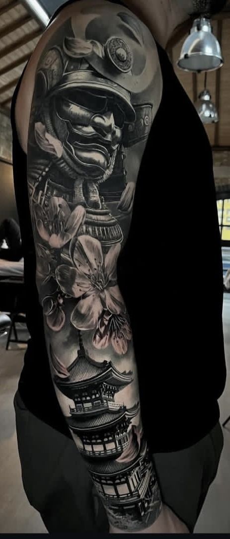 Black And Grey Realism Tattoo Sleeve, Tattoo Ideas Black And Grey, Grey Tattoo Sleeve, Full Sleeve Tattoo Ideas, Tattoo Ideas Black, Oni Mask Tattoo, Black And Grey Tattoos Sleeve, Black And Grey Tattoo, Sleeve Tattoo Ideas