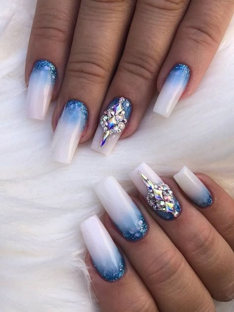 White and blue ombre nails with glitter Blue Ombre Nails With Glitter, White And Blue Ombre Nails, Elegant Touch Nails, Purple Ombre Nails, Blue Ombre Nails, Blue And White Nails, Blue Gel Nails, Blue Glitter Nails, Brown Nails Design