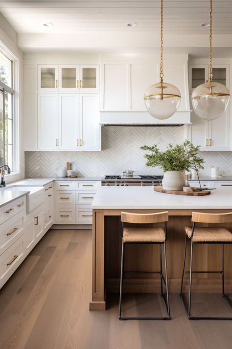 White Herringbone Backsplash, Modern Farmhouse Kitchen Design, Modern Farmhouse Kitchen Ideas, Timeless Kitchen Design, Herringbone Backsplash, Neutral Kitchen, Dream Kitchens Design, Modern Farmhouse Kitchen, Timeless Kitchen