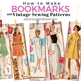 This is a craft tutorial. Learn how to make bookmarks with vintage sewing patterns. They make wonderful gifts and/or gift tags for friends and family! What To Do With Old Sewing Patterns, Repurpose Sewing Patterns, Sewing Pattern Bookmark, Vintage Sewing Crafts Ideas, Vintage Christmas Sewing Patterns, Vintage Crafts Diy, Make Bookmarks, Pattern Bookmark, Vintage Upcycle