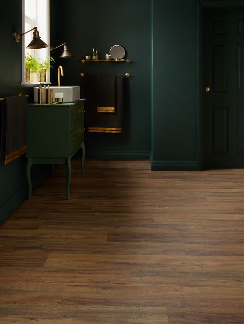 Oak Floor Green Walls, Wood Floor Green Walls, Green Walls Brown Floor, Green With Dark Wood, Dark Brown And Green Interior, Dark Wood Floor Green Walls, Green Wall Wood Floor, Green Wall Dark Floor, Dark Wood Floors Green Walls