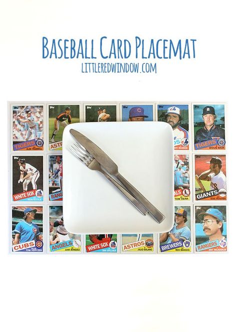 Use old baseball cards to make this quick and easy DIY Baseball Card Placemat! | littleredwindow.com Coolest Crafts, Baseball Cards Storage, Baseball Card Displays, Happy Birthday Baseball, Baseball Card Values, Baseball Card Template, Graduation Card Boxes, Sports Crafts, Card Costume