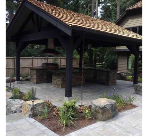 Backyard Structures Covered Patios, Wooden Gazebos Pergolas, Black Covered Patio, Wooden Gazebo Ideas Backyard, Covered Gazebo Ideas Backyard, Outdoor Pavillion Ideas, Modern Pavilion Design, Backyard Pavilion Ideas, Pool Pavilion Ideas