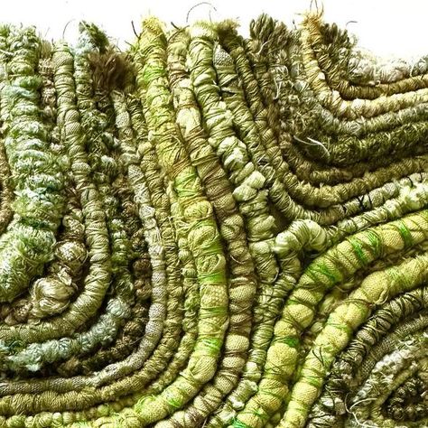 Julia Wright on Instagram: "Hand-dyed recycled fabrics, really enjoyed making this. The greens make me think of fresh new leaves, mowed lawns and sunny spring days #handdyed #yarn #fibres #threads #fibreart #stitch #wrappingandbinding #crochet #embroidery #textiles #mixedmediatextiles #weaving #handmade #dyedfabrics #mixedmedia #couching #naturalfibres #texture #markmaking #textileartist #textilesoninstagram #juliawright #contemporarytextiles #juliawrighttextiles #lichen #landscape #coastal # Couching Textiles, Textiles Inspired By Nature, Sustainable Fabrics Textiles, Nature Textile Art, Fungi Textiles, Moss Textiles, Fungi Embroidery, Textile Leaves, Textile Crochet