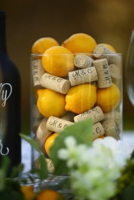 Wine Cork Centerpiece, Wine Cork Place Card Holders, Cork Place Card Holders, Wine Cork Place Card Holder, Wine Cork Wedding, Lemon Centerpieces, Lemon Themed Bridal Shower, Cork Wedding, Wedding Dates