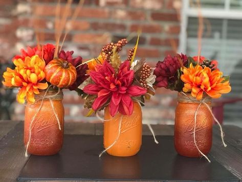 Fall Centerpiece With Mason Jars, Orange Mason Jar Centerpieces, Fall Flower Mason Jars, Fall Flowers In Mason Jars, Fall Wedding Centerpieces Diy Table Centers Simple Mason Jars, Fall Flower Centerpieces Mason Jars, Fall Decorations Table Centerpiece Ideas, Fall Wedding Ideas October Centerpieces, Cheap Fall Wedding Decor