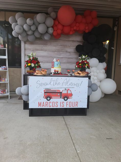 Firetruck Birthday Fire Truck Birthday Banner Firefighter - Etsy Firefighter Bday Party, Fire Fighter Theme Birthday Party, Firetruck First Birthday, Fire Truck Themed Birthday Party, Fire Fighter Birthday Theme, Emergency Vehicle Birthday Party, Fire Truck Birthday Party Ideas, Firefighter Birthday Party, Fire Engine Birthday