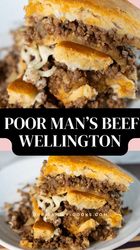 Looking for a budget-friendly, easy, and quick dinner idea? Try this Poor Man's Beef Wellington, made with just four ingredients: ground hamburger, Lipton dry onion soup mix, Pillsbury croissant rolls, and shredded cheddar cheese. Perfect for busy weeknights and loved by kids, this simple beef recipe is sure to become a family favorite! #BudgetFriendly #EasyRecipes #QuickMeals #BeefRecipes #FamilyDinner #KidApproved #WeeknightDinner #SimpleCooking Easy Beef Wellington, Budget Friendly Dinner Recipes, Southern Cooking Recipes, Skillet Dinner Recipes, Beef Wellington Recipe, Beef Steak Recipes, Winter Comfort Food, Beef Wellington, Cooking On A Budget