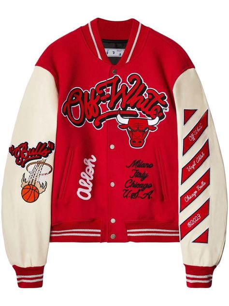 ​﻿﻿​Off-White Off-White™ c/o Chicago Bulls Red Varsity - Farfetch Off White Varsity Jacket, F Men, Off White Jacket, Patchwork Jacket, Streetwear Mens, Cool Outfits For Men, Band Collar, White Jacket, Capsule Collection