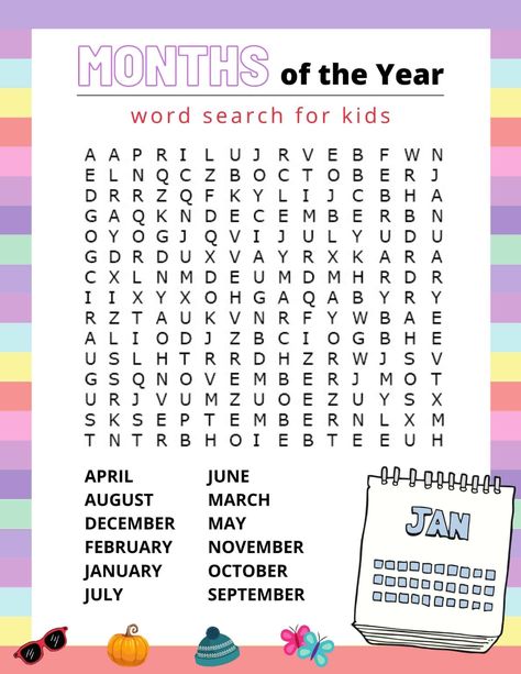 Months Of The Year Word Search, Word Search For Kids Free Printable, Word Find Free Printable, Wordsearches For Kids Free Printable, Kids Word Search Free Printable, Easy Word Search For Kids, New Year Word Search, Printable Months Of The Year, Word Searches For Kids