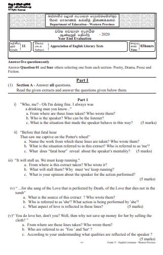 Western Province Grade 11 Appreciation of English Literary term test past paper download 2020. You can download the term test paper as a PDF file from the link below. It’s free to download. The post Grade 11 Appreciation of English Literary Past Paper 2020 (3rd Term Test) | Western Province appeared first on Past Papers wiki. English Past Papers, Literary Terms, Test Exam, Literary Text, Test Paper, Past Papers, English Literature, Question Paper, Paper Book