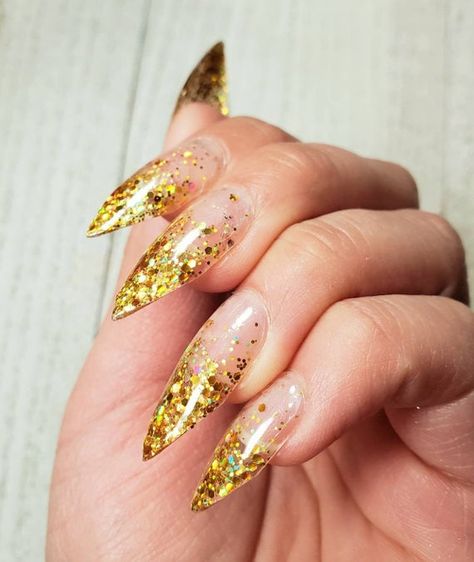 Nails Glitter Ombre, Ombre French Tip, Extra Nails, Coffin Nails Designs Summer, Gold Glitter Ombre, Clear Nail Tips, Coffin Nails Ombre, Faux Nails, Witchy Nails