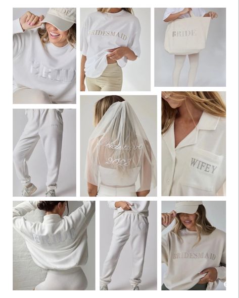 Bride + Bridesmaid Outfits for the Bachelorette Party and Honeymoon Bridesmaid Loungewear, Bride Sweats, Bride Bachelorette Outfit, Wedding Merch, Maid Of Honor Responsibilities, Sweating For The Wedding, Bridal Era, Era Outfits, The Bachelorette Party