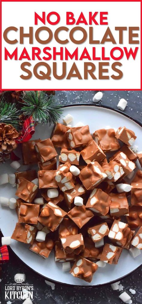 Holiday Marshmallow Treats, No Bake Chocolate Marshmallow Squares, Carmel Marshmellow Treats, Xmas Marshmallow Treats, Christmas Candy With Marshmallows, Marshmellow Chocolate Desserts, Christmas Baking With Marshmallows, Mini Marshmellow Recipes Desserts, What To Do With Mini Marshmallows