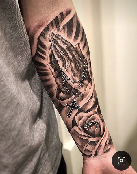 Prayer Hands Tattoo, Religious Tattoo Sleeves, Praying Hands Tattoo, Half Sleeve Tattoos Forearm, Hands Tattoo, Rose Tattoos For Men, Forarm Tattoos, Forearm Sleeve Tattoos, Cool Forearm Tattoos