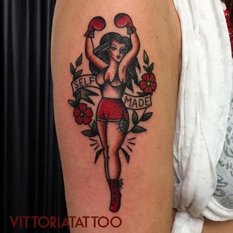 Neotrad Sleeve, Boxing Tattoos, Feminist Tattoo, Gallery Tattoo, Pin Up Girl Tattoo, Biker Tattoos, Boxing Girl, Old School Tattoo Designs, Pin Up Tattoos