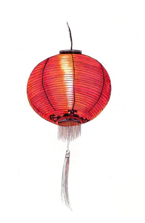 "This print is from an original drawing I did with fine tip ballpoint pen and prismacolor colored pencils on watercolor paper. This drawing is #62 in a daily drawing project series I did that year.  I love paper lanterns.  They are so pretty when they're lit up.  This red lantern image is available as either a 5\"x7\" or 8\"x10\" print and is printed in my home studio using archival pigment inks on acid-free bright white 110 lb archival cardstock.  Each print ships in a clear plastic archival sl Chinese Lantern Drawing, Lanterns Drawing, Upgrade Home, Lantern Drawing, Chinese Lamp, Lantern Image, Lantern Illustration, Lantern Painting, Asian Lamps