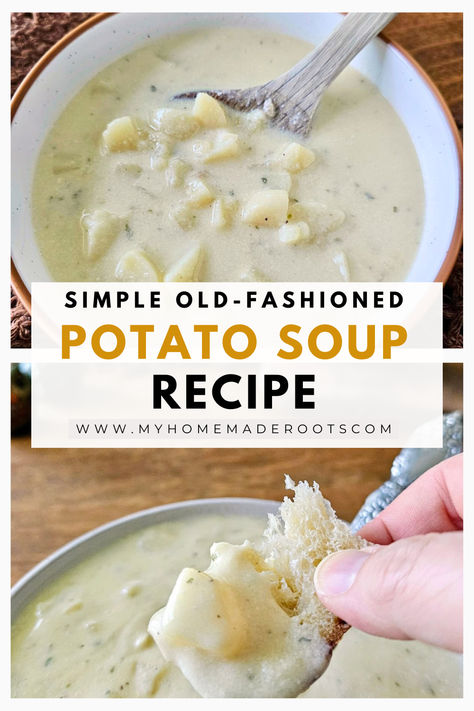 Warm up with a bowl of simple, old-fashioned potato soup! This classic recipe is creamy, comforting, and made with just a few basic ingredients. Perfect for chilly days or a nostalgic meal, this easy-to-make soup brings back the taste of grandma's kitchen. #PotatoSoup #ComfortFood #OldFashionedRecipes #HomemadeSoup #EasyMeals #NostalgicCooking Moms Potato Soup, Creamy Red Potato Soup, 3 Ingredient Potato Soup Easy, Potato Soup With Gravy Packet, Simple Crockpot Potato Soup, Meatless Potato Soup, Potato Soup With Half And Half, Taste Of Home Potato Soup, Old Fashioned Soup Recipes