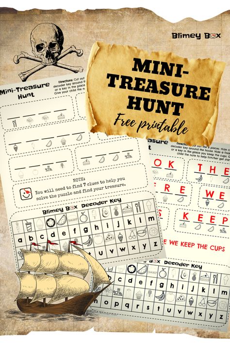 This mini treasure hunt at-home activity for kids is low prep for parents and easy to set up! Just cut out the treasure hunt clues for kids and the decoder key and hide them around the house! Kids decode the message to find the treasure! Treasure Hunt Game Ideas, Treasure Hunt For Kindergarten, Puzzle Treasure Hunt, Find The Treasure Game, Diy Treasure Hunt, Pirate Treasure Hunt For Kids, Treasure Hunt Clues For Kids, Pirate Scavenger Hunts, Treasure Hunt Map