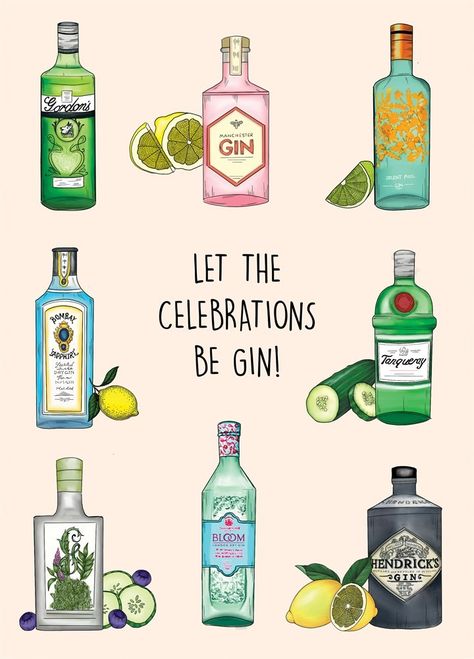 Gin And Tonic Drawing, Gin Party, Gin Quotes, Menu Card Design, Gin Lemon, Gin Tasting, Watercolor Birthday Cards, Gin Gifts, Bar Cart Art