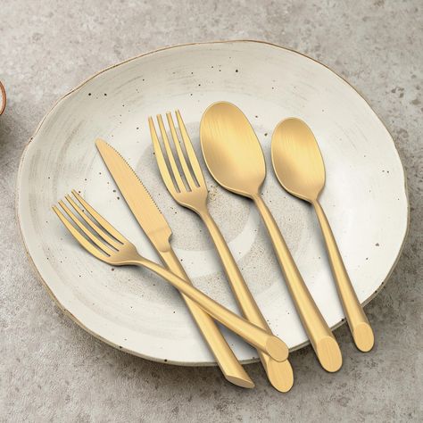 PRICES MAY VARY. 【A VARIETY DESIGN FLATWARE SET FOR 4】The stainless steel cutlery set comes with 4 dinner forks, 4 salad forks, 4 dinner spoons, 4 Tea spoons, 4 dinner knives. 【MATERIALS AND PROCESSES】The utensil sets silverware made from 18/0 stainless steel. Using advanced hot forging technology, the overall strong, not easy to rust. The surface is made of advanced titanium gold process and mirror polished. 【ELEGANT AND COMFORTABL HANDLE DESIGN】This silverware has a modern design with wave han Cute Cutlery Set, Stainless Dishwasher, Tea Spoons, Gold Waves, Stainless Steel Cutlery, Stainless Steel Flatware, Handle Design, Utensil Set, Flatware Set