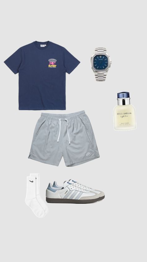 butter navy blue t shirt tee grey gray shorts nike socks white sambas dolce gabana apple watch Basic Guy Outfits, Nike Samba, Nike Outfits Men, Aesthetic Hombre, Samba Outfit, Classy Outfits Men, Boy Fits, Navy Blue T Shirt, Gray Shorts