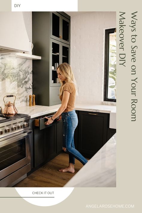 Here are 4 BIG ways to save on a room makeover. Keep your space looking new and cute, without overspending. Angela Rose Home, Kitchen Cabinet Molding, Kitchen Cabinet Makeover, Diy Kitchen Cabinets Makeover, Builder Grade Kitchen, Angela Rose, Cabinet Molding, Update Kitchen Cabinets, Hidden Kitchen