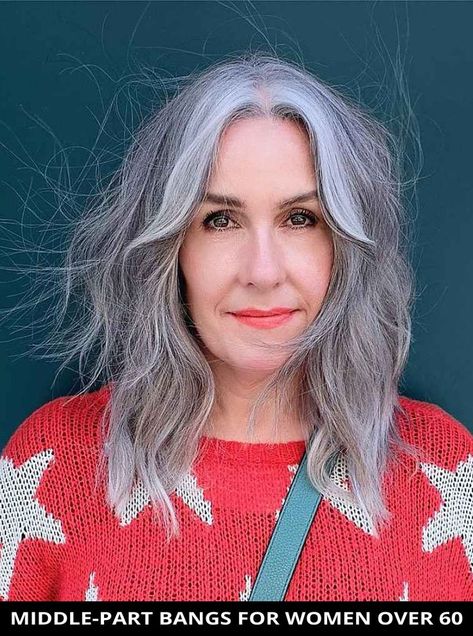 Check out this stunning middle-part bangs for woman over 60 for your next haircut! Plus, you have to see the rest of these most popular face-framing layered hair with curtain bangs. | Medium Hair | Gray Hair | Older Woman | Soft Facial Frame | Photo Credit: @adrian_at_hershesons on Instagram Gray Hair With Curtain Bangs, Grey Hair With Curtain Bangs, Grey Hair Curtain Bangs, Grey Curtain Bangs, Gray Hair Curtain Bangs, Gray Layered Hair, Curtain Bangs Older Women, Hair With Curtain Bangs Medium, Curtain Bangs Over 50