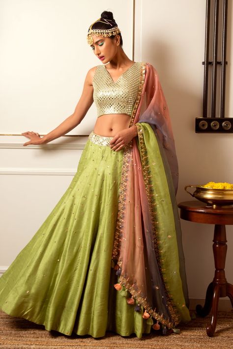 Buy Loka by Veerali Raveshia Green Chanderi Silk Mirror Work Lehenga Set Online | Aza Fashions Mirror Lehenga, Mirror Work Lehenga, Mirror Work Blouse, Pista Green, Resham Work, Lehnga Dress, Work Lehenga, Green Lehenga, Chic Winter Outfits