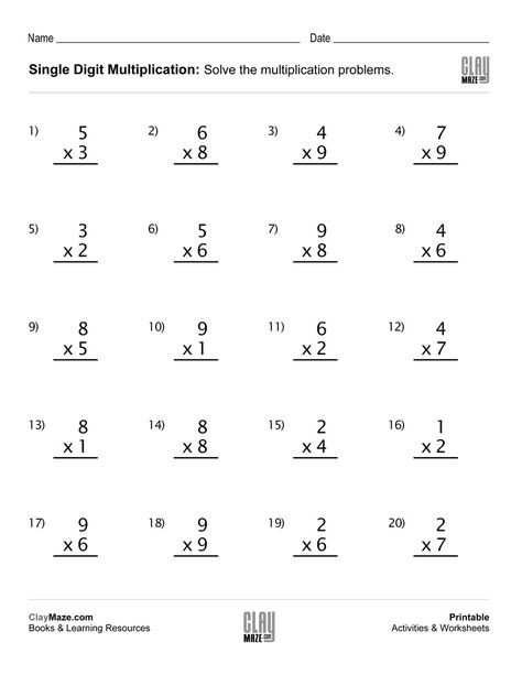 Practice worksheet with single digit multiplication - 20 problems… Maths Multiplication Worksheets Grade 1, Multiplication Worksheets Word Problems, Mental Math Multiplication Worksheet, Multiplication Word Problem Worksheets, 4th Grade Multiplication Worksheets, Multiplication Drills, Multiplication Practice Worksheets, 2digit Multiplication, Free Multiplication Worksheets